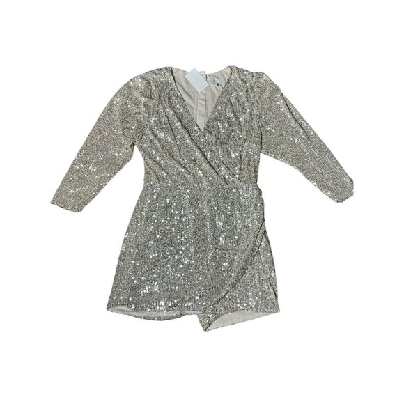 H&M Womens M Gold Sequin Wrap Mini Dress Romper Long Sleeve Holiday Party Chic - Picture 6 of 14